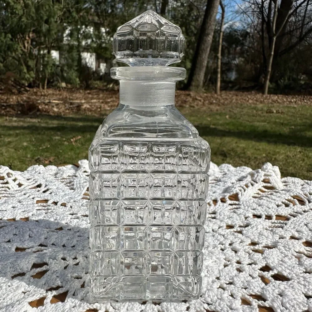 VTG Pressed Square Glass Decanter With Stopper Cologne Or Liquor Barware